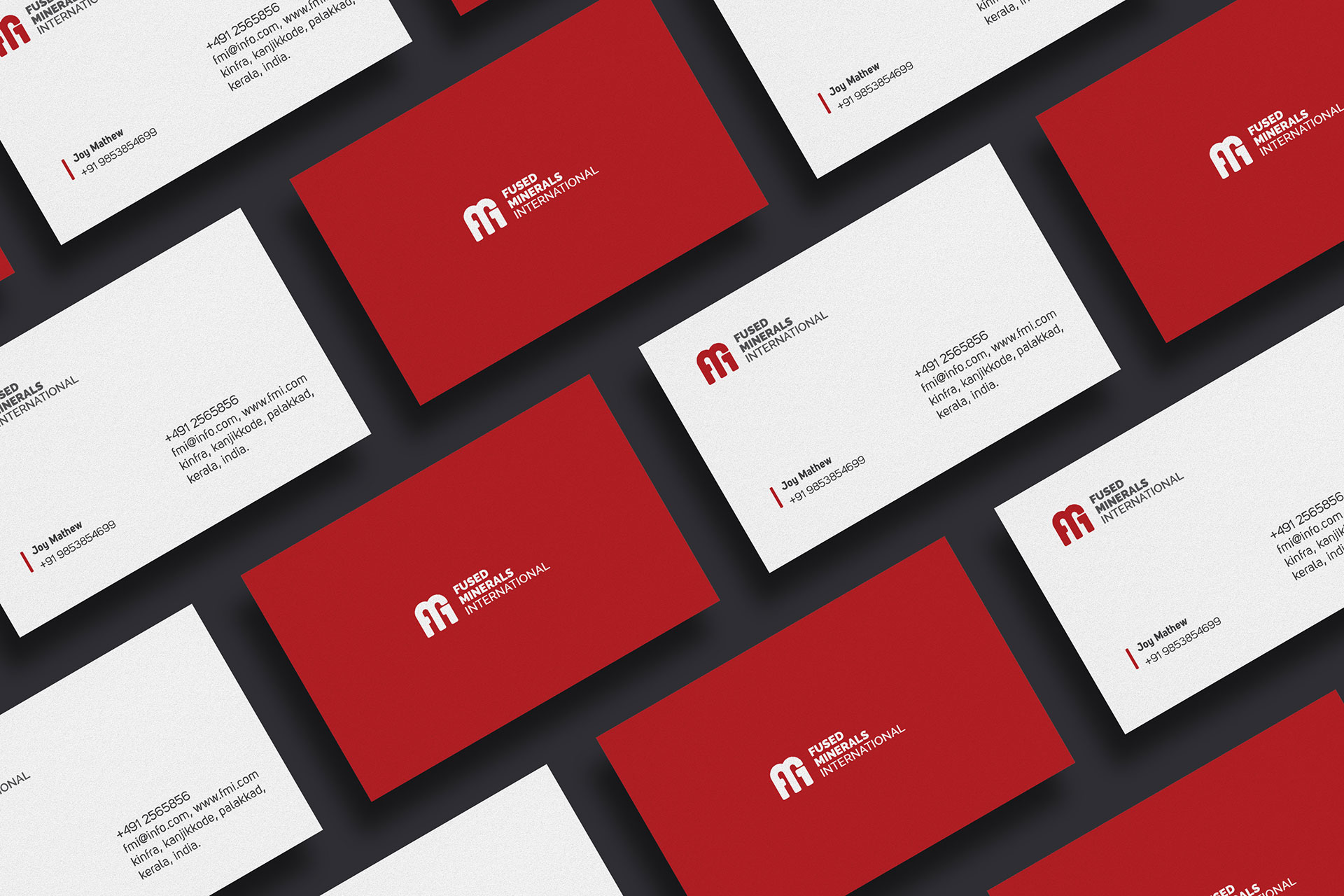Tiles of FMI business card designs in red and white colors