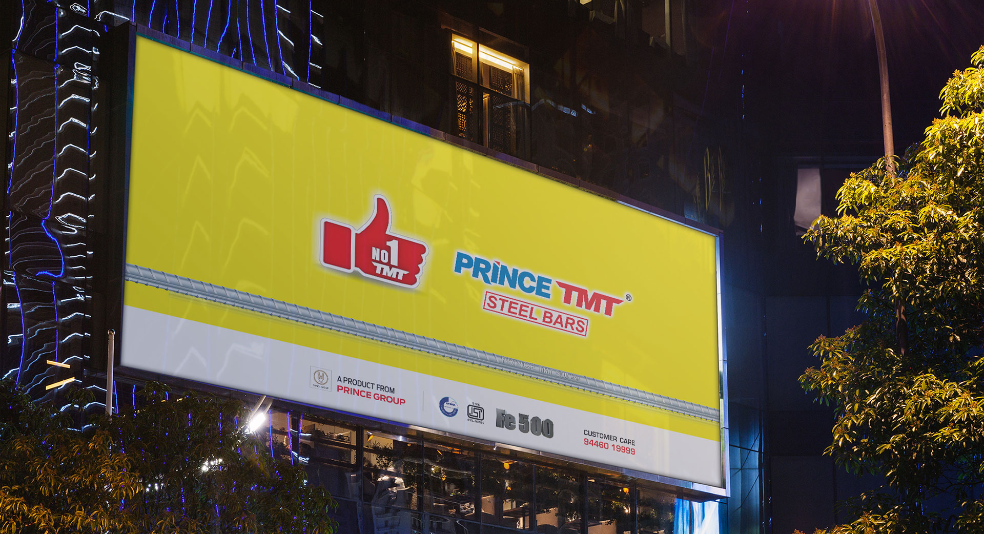 A billboard displaying the design of Prince TMT Steel Bars - Number 1 TMT Branding design